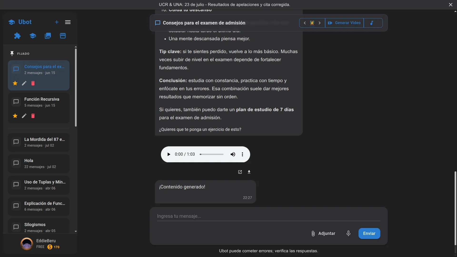 Chat de Ubot resolviendo una duda con audio generado